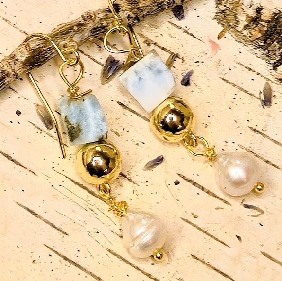 Sky Blue Larimar  & Freshwater Pearl In Gold Plated Earrings - Picture 1 of 9
